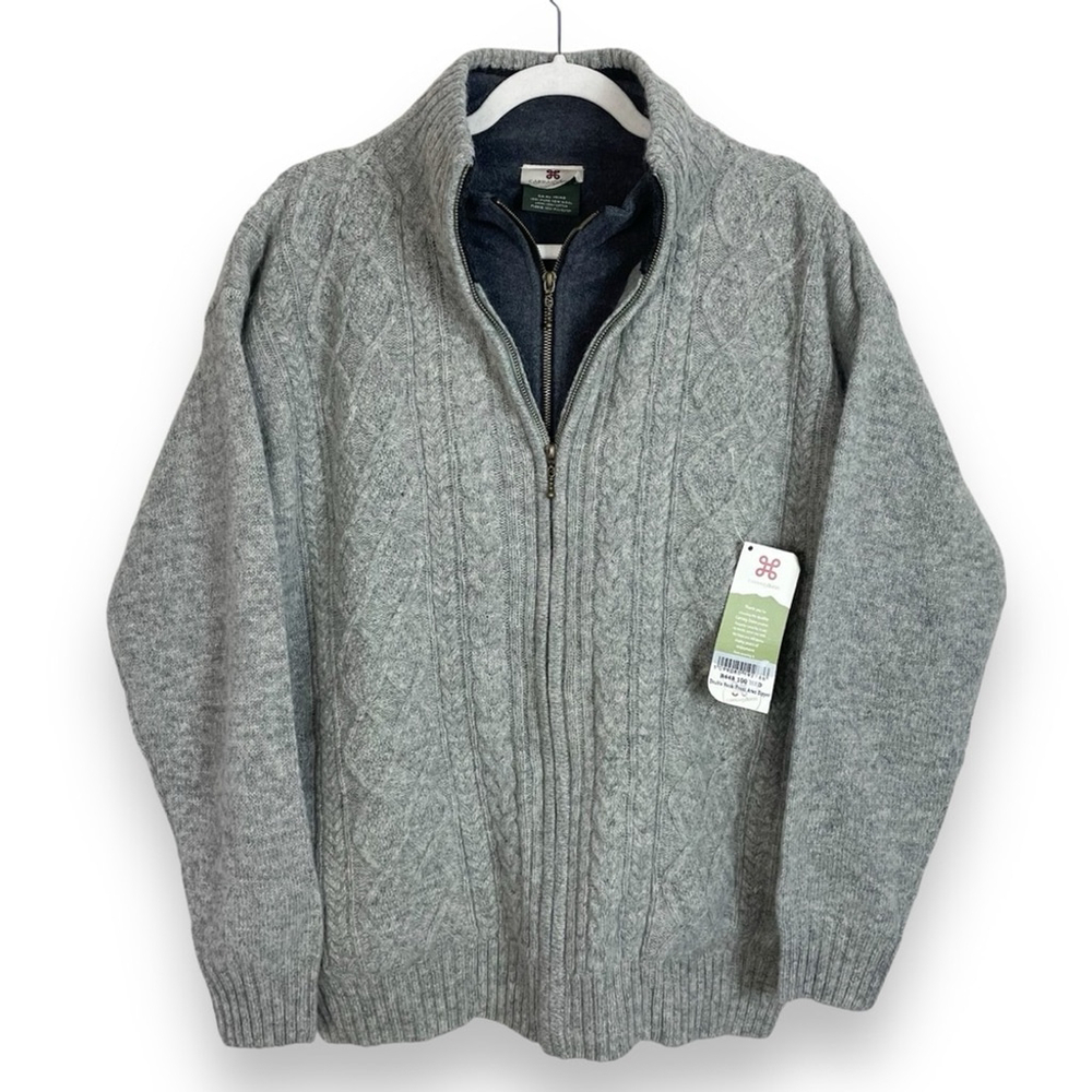 Carraig Donn Irish Wool Knit Zip Up Cardigan Sweater Grey Lined Double Neck NWT